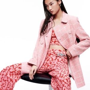 NWT ZARA TEXTURED PLAID COAT PINK / WHITE S